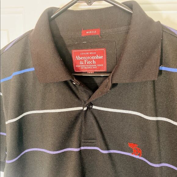 Abercrombie & Fitch Black Multicolored Stripe Muscle Collared Polo Shirt Top | M - Picture 7 of 11